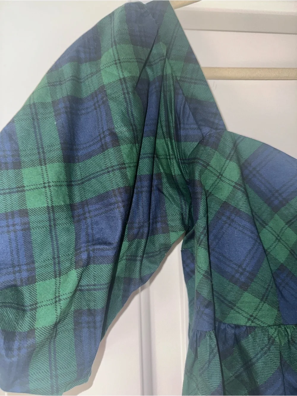Puff-Sleeve Plaid Peplum Top in Green and Navy